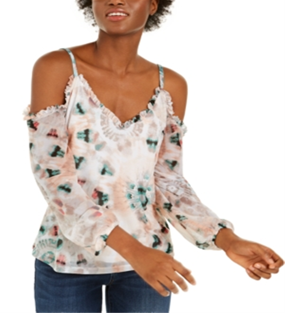 Blusa feminina estampada com ombros descobertos, tamanho pequeno, branca, da INC International Concepts