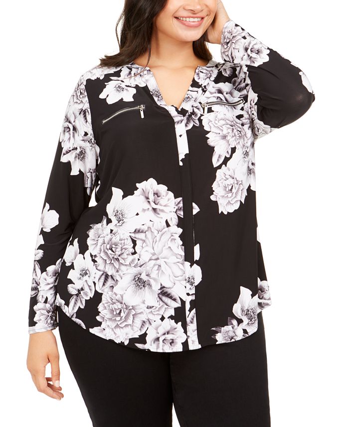Blusa feminina estampada com bolso e zíper da INC International Concepts, preta, tamanho -0X