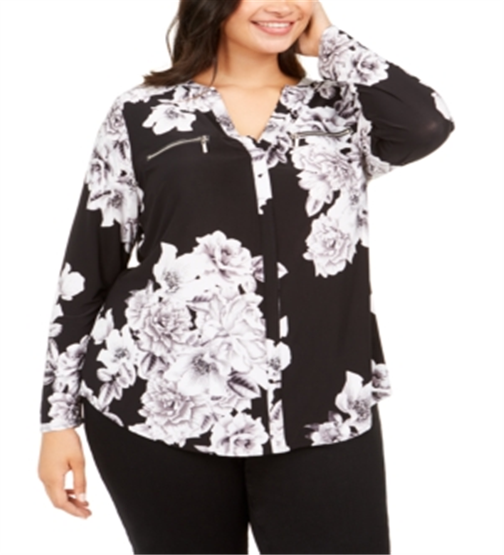 Blusa feminina estampada com bolso e zíper da INC International Concepts, preta, tamanho -0X