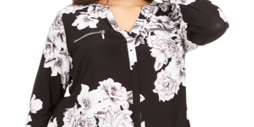 Blusa feminina estampada com bolso e zíper da INC International Concepts, preta, tamanho -0X