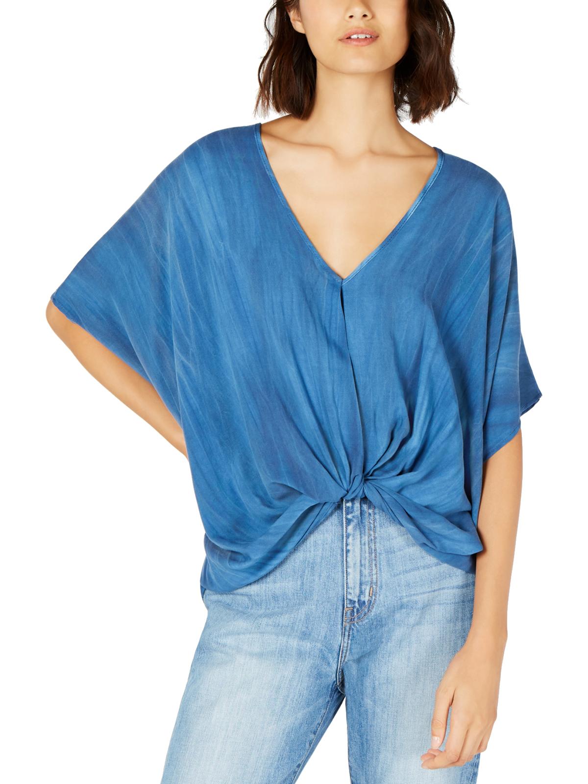 Polly &amp; Esther Blusa casual feminina com nó frontal e manga dolman, azul, tamanho pequeno