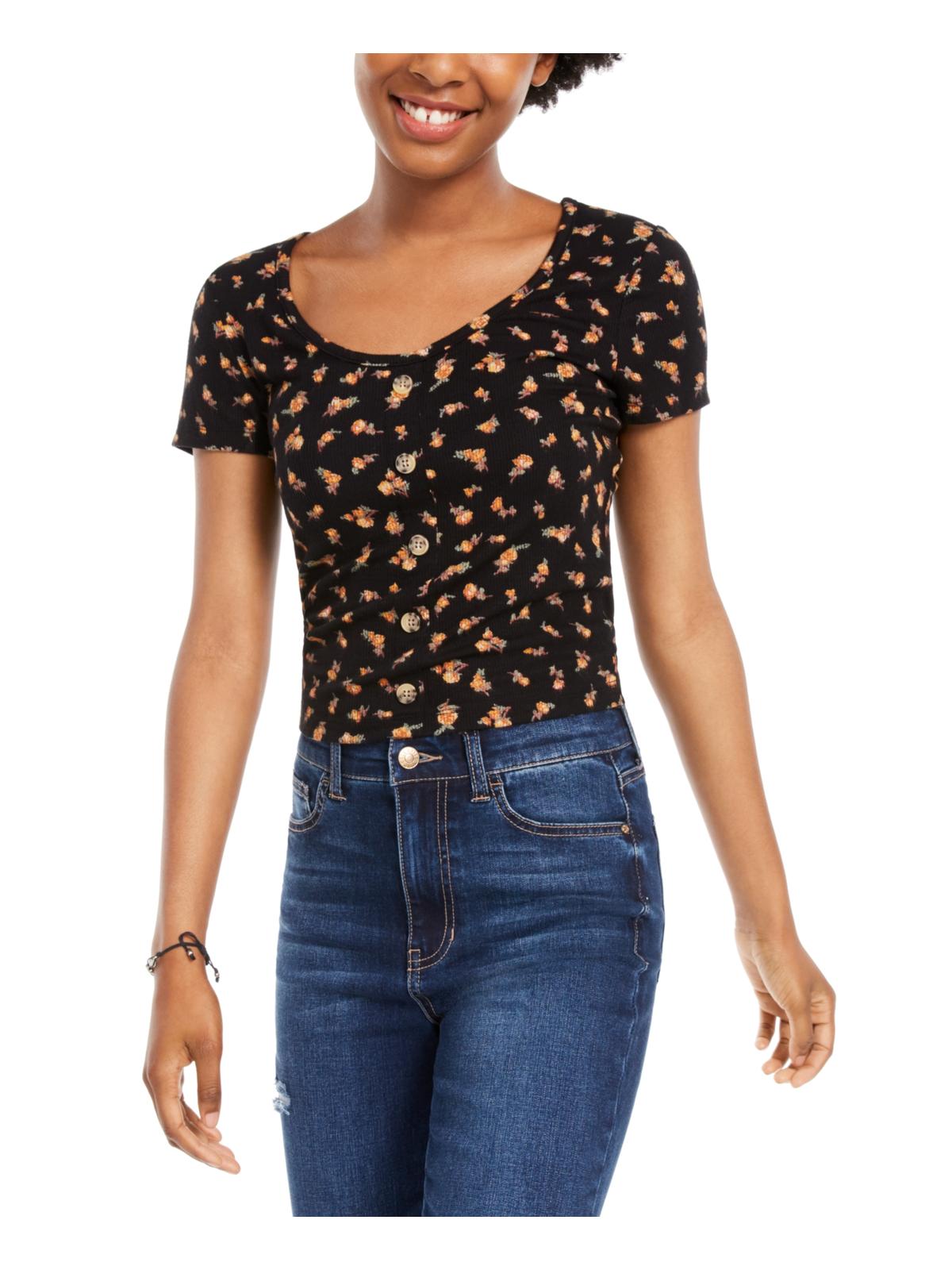 Blusa canelada com estampa floral Hippie Rose Junior, preta, tamanho X-G