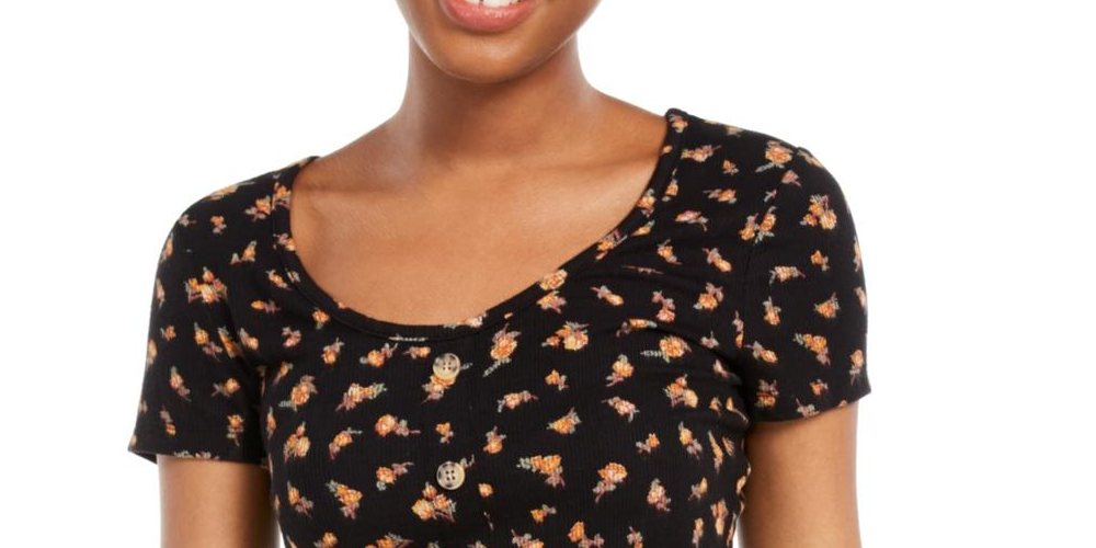 Blusa canelada com estampa floral Hippie Rose Junior, preta, tamanho X-G