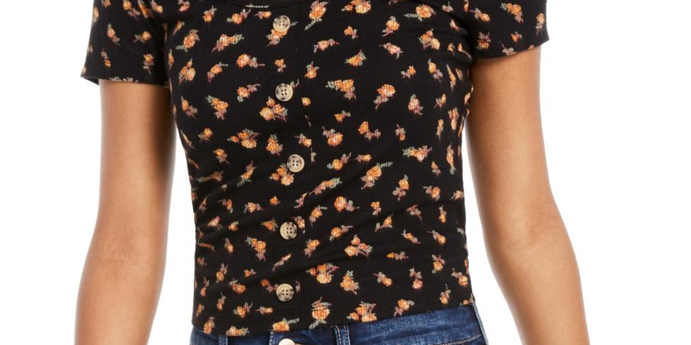 Blusa canelada com estampa floral Hippie Rose Junior, preta, tamanho X-G
