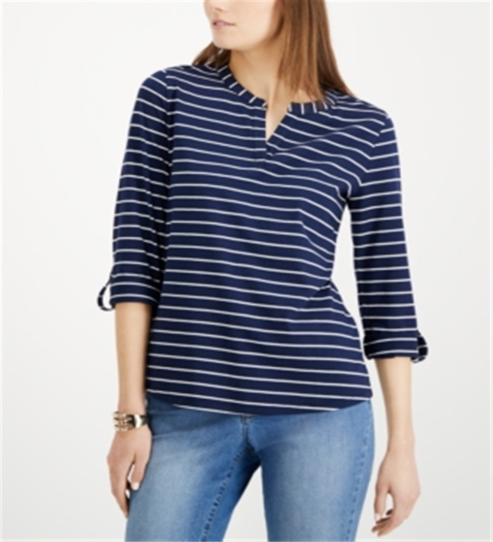 Charter Club Blusa feminina listrada com decote aberto, azul, tamanho pequeno e pequeno