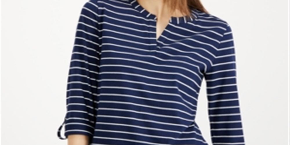 Charter Club Blusa feminina listrada com decote aberto, azul, tamanho pequeno e pequeno