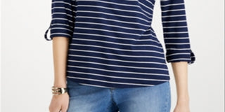 Charter Club Blusa feminina listrada com decote aberto, azul, tamanho pequeno e pequeno