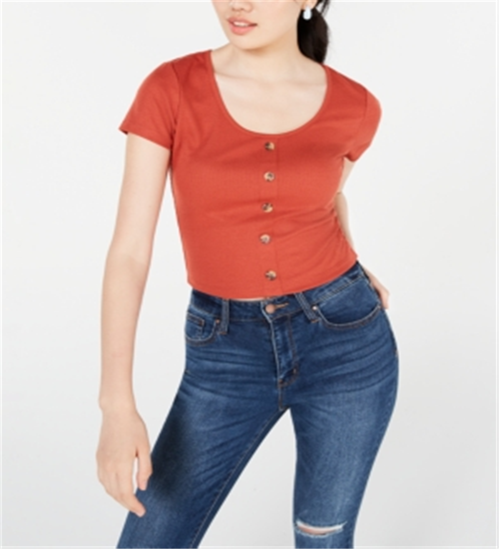 Camiseta Hippie Rose Junior com botões frontais e malha canelada, tamanho XS, marrom