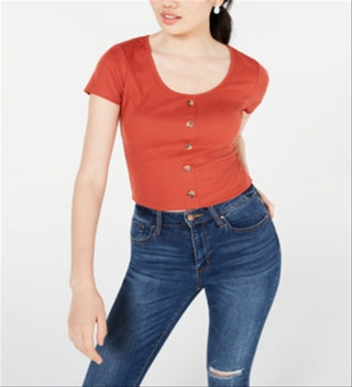 Hippie Rose Junior's Button Front Rib Knit T-Shirt Brown Size X-Small