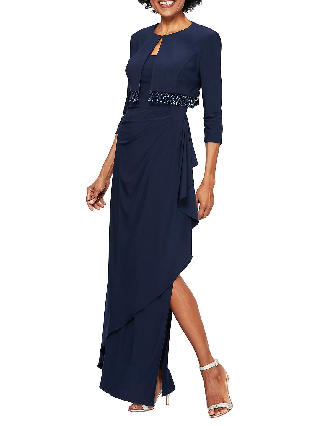 Alex Evenings Cardigan Feminino com Franjas e Strass, Manga 3/4, Aberto, Blusa Formal, Azul, Tamanho 10