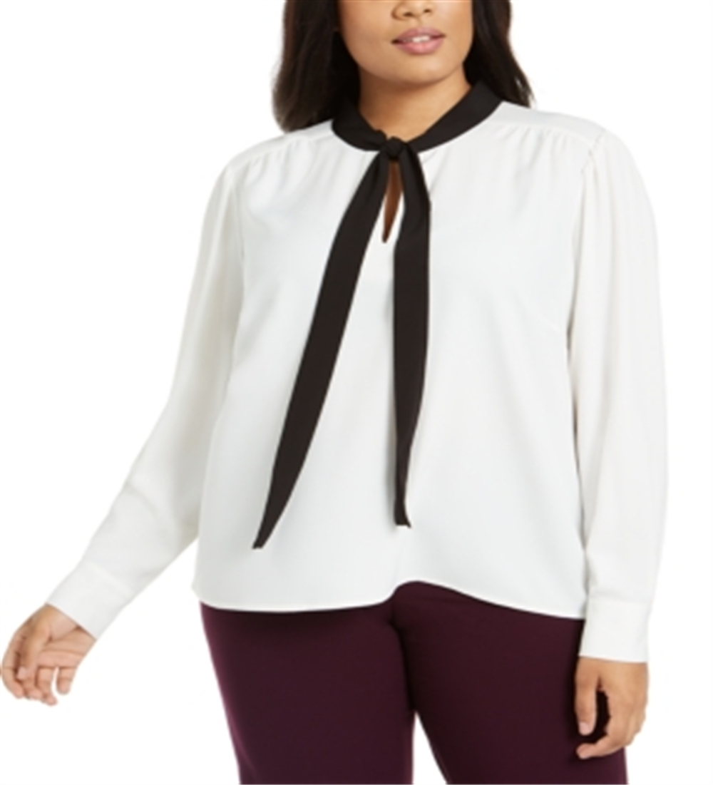 Blusa Calvin Klein Feminina Manga Longa Amarrada no Pescoço para Usar no Trabalho Plus Branco Tamanho 3X