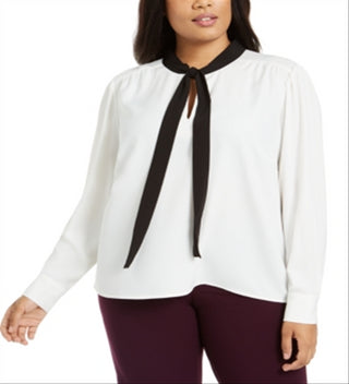 Blusa Calvin Klein Feminina Manga Longa Amarrada no Pescoço para Usar no Trabalho Plus Branco Tamanho 3X