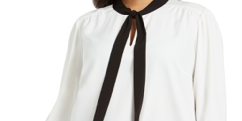 Blusa Calvin Klein Feminina Manga Longa Amarrada no Pescoço para Usar no Trabalho Plus Branco Tamanho 3X