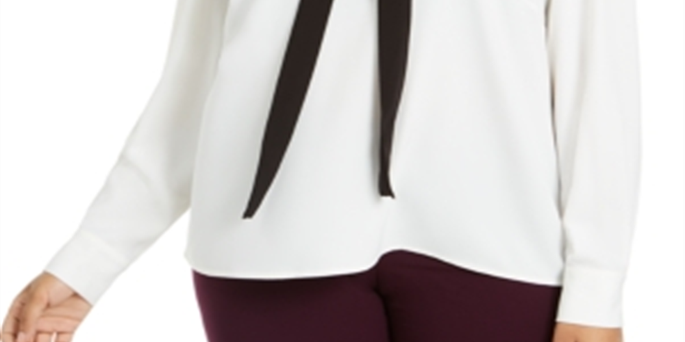 Blusa Calvin Klein Feminina Manga Longa Amarrada no Pescoço para Usar no Trabalho Plus Branco Tamanho 3X