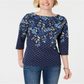 Blusa feminina Karen Scott estampada com manga 3/4, azul, tamanho pequeno
