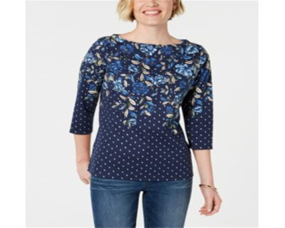Blusa feminina Karen Scott estampada com manga 3/4, azul, tamanho pequeno