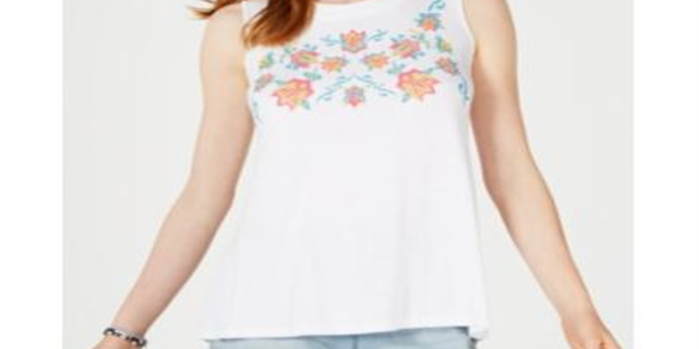 Regata feminina bordada floral Style &amp; Co, branca, tamanho P