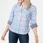 Tommy Hilfiger Top feminino xadrez com decote em V e zíper, tamanho médio, azul