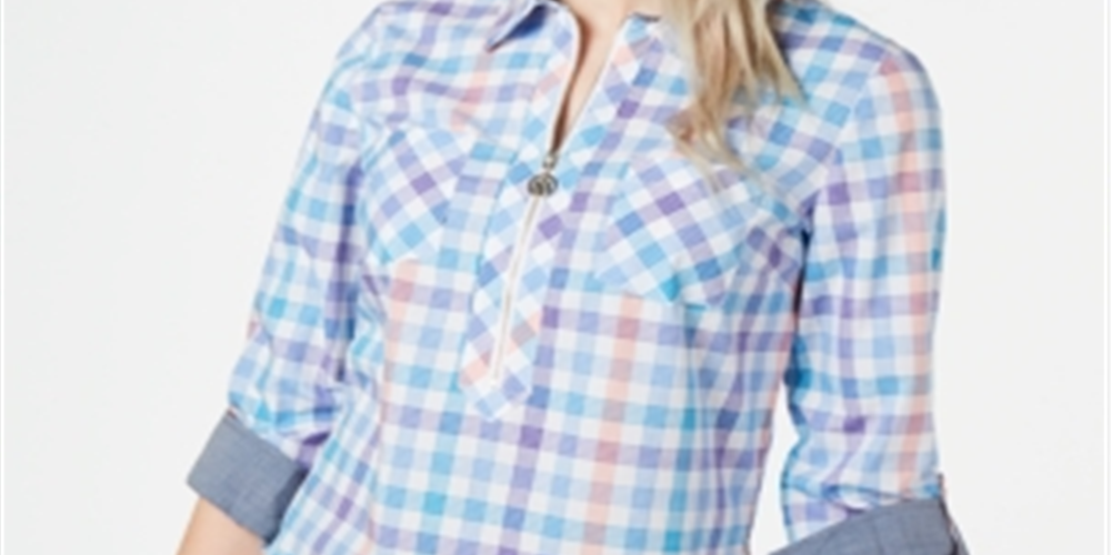 Tommy Hilfiger Top feminino xadrez com decote em V e zíper, tamanho médio, azul