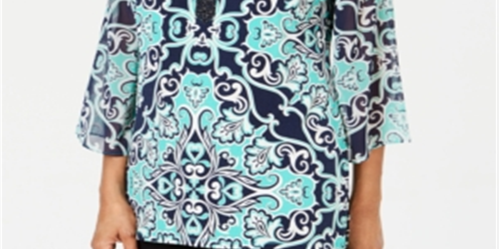 Túnica feminina com decote embelezado JM Collection, azul, tamanho médio