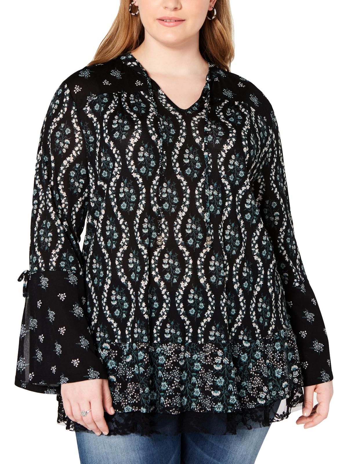 Blusa feminina com decote floral e amarração, preta, tamanho 0X, da Style &amp; Co