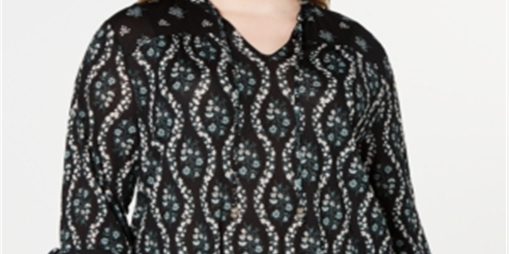 Blusa feminina com decote floral e amarração, preta, tamanho 0X, da Style &amp; Co