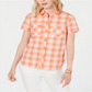 Tommy Hilfiger Blusa xadrez feminina com botões, laranja, tamanho médio