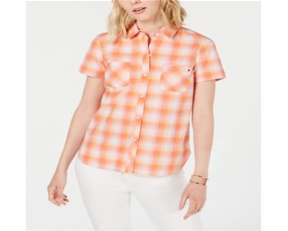 Tommy Hilfiger Blusa xadrez feminina com botões, laranja, tamanho médio