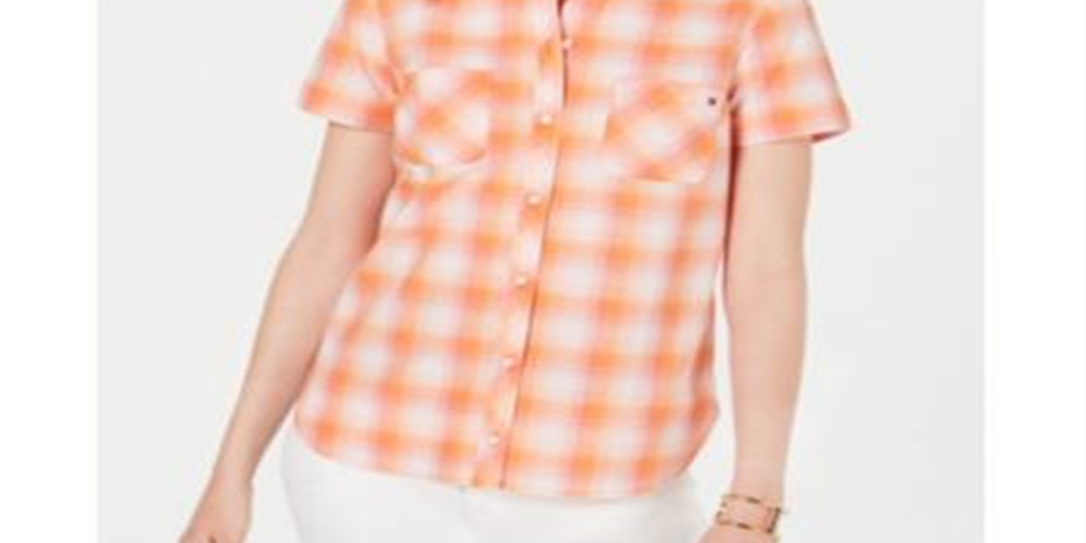 Tommy Hilfiger Blusa xadrez feminina com botões, laranja, tamanho médio
