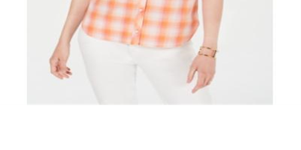 Tommy Hilfiger Blusa xadrez feminina com botões, laranja, tamanho médio