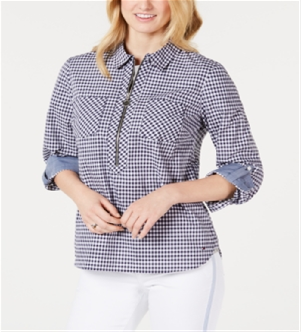 Tommy Hilfiger Blusa Feminina de Algodão com Zíper e Estampa Gingham Azul Tamanho Médio
