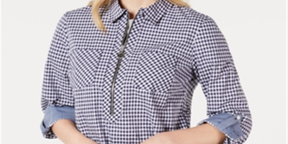 Tommy Hilfiger Blusa Feminina de Algodão com Zíper e Estampa Gingham Azul Tamanho Médio