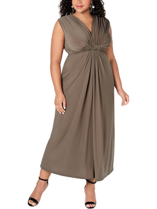 Vestido de noite feminino Love Squared com decote em V, manga curta, comprimento total, cintura império, verde, tamanho 2X