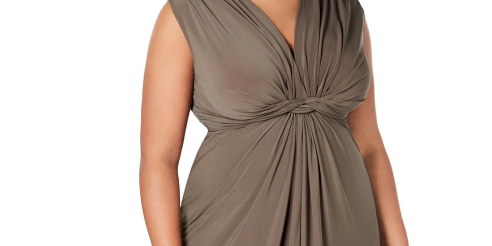 Vestido de noite feminino Love Squared com decote em V, manga curta, comprimento total, cintura império, verde, tamanho 2X