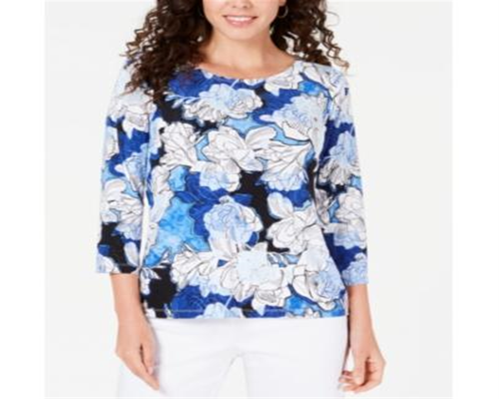 Blusa feminina estampada em jacquard, azul, tamanho pequeno, da coleção JM