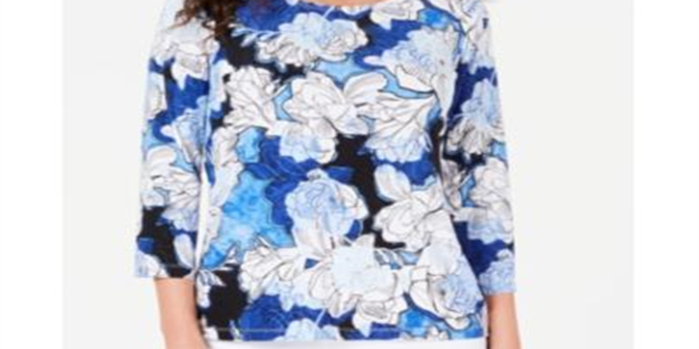 Blusa feminina estampada em jacquard, azul, tamanho pequeno, da coleção JM