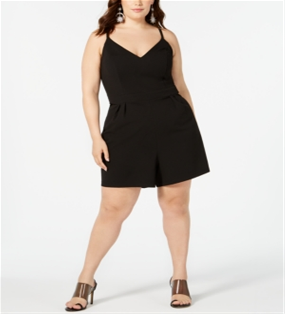 Macacão feminino com alças finas e decote em V e renda Emerald Sundae, preto, tamanho 1X