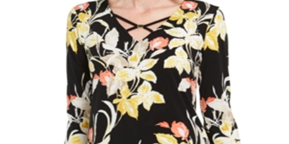 Túnica feminina estampada com bainha de chiffon da coleção JM, preta, tamanho pequeno