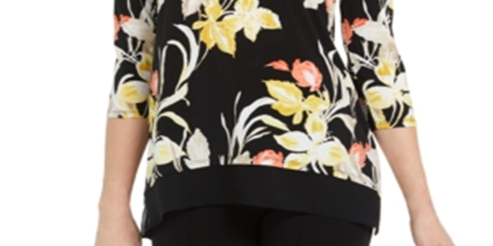 Túnica feminina estampada com bainha de chiffon da coleção JM, preta, tamanho pequeno