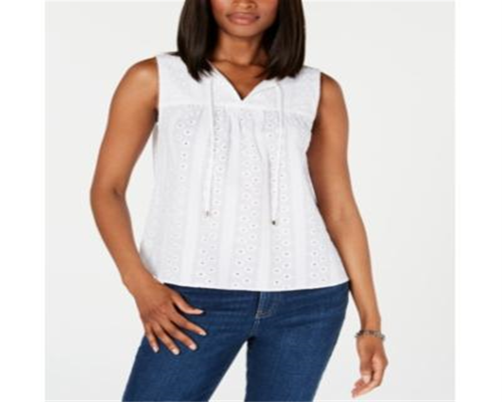 Tommy Hilfiger Top Feminino de Algodão com Ilhós, Branco, Tamanho Médio