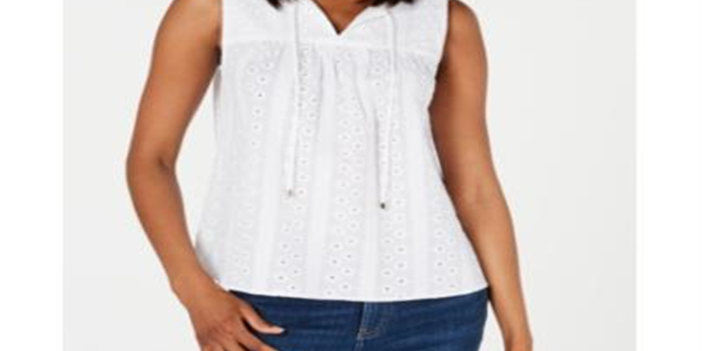 Tommy Hilfiger Top Feminino de Algodão com Ilhós, Branco, Tamanho Médio