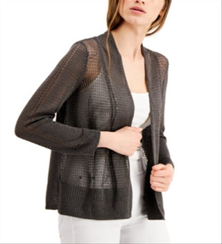 Cardigan feminino Alfani com renda lisa e abertura, tamanho pequeno, carvão