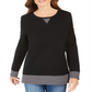 Blusa feminina Karen Scott com acabamento listrado, preta, tamanho pequeno