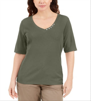 Blusa feminina Karen Scott com decote em V e detalhes em botões, verde, tamanho grande