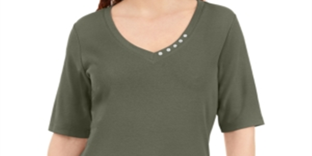 Blusa feminina Karen Scott com decote em V e detalhes em botões, verde, tamanho grande
