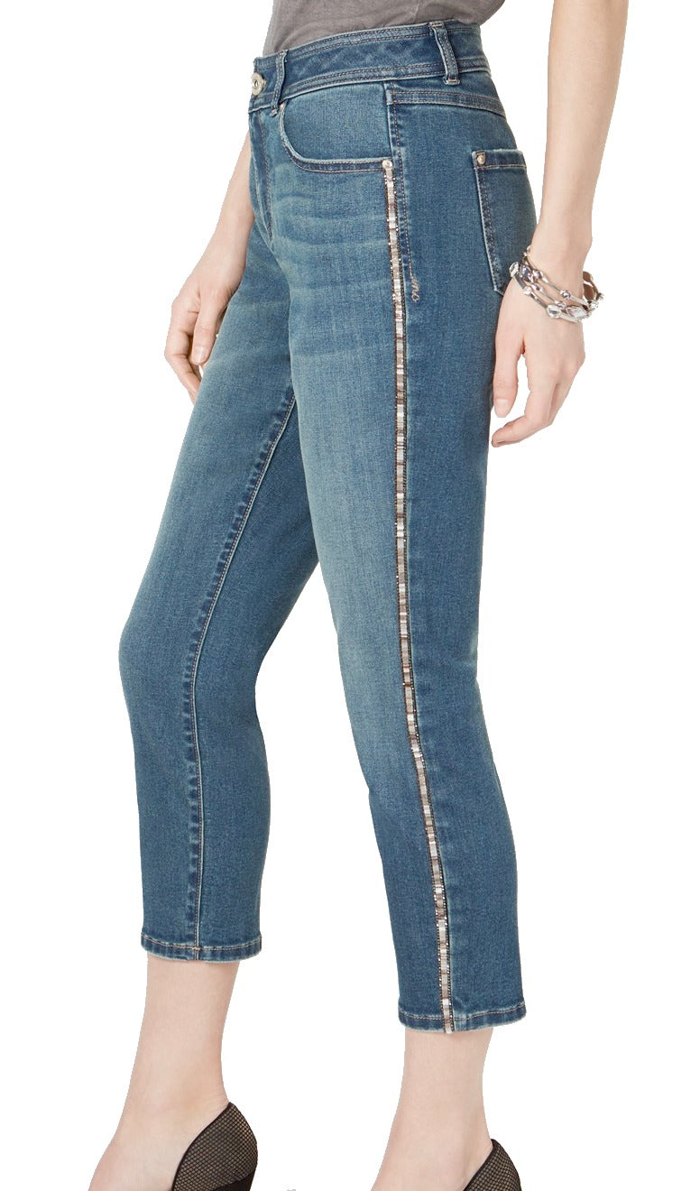 Calça jeans skinny cropped feminina INC International Concepts com costura lateral brilhante, azul, tamanho 4