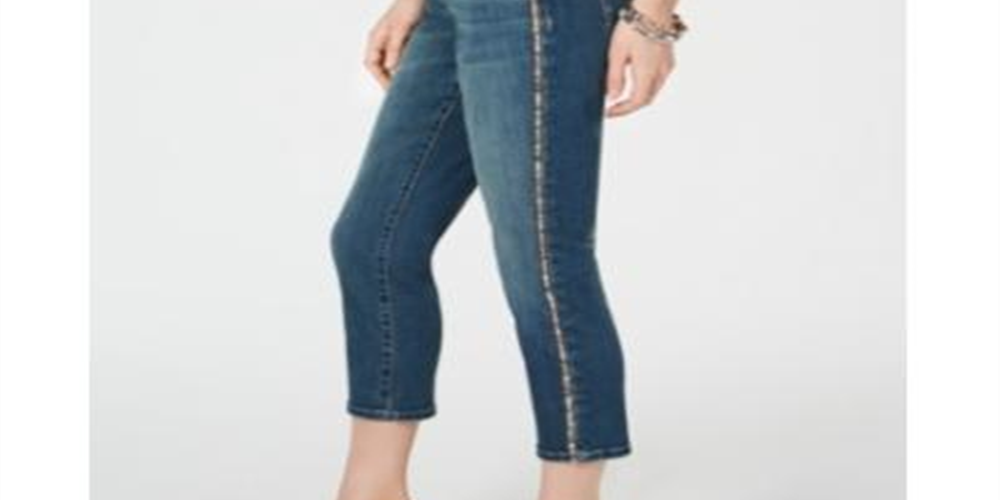 Calça jeans skinny cropped feminina INC International Concepts com costura lateral brilhante, azul, tamanho 4