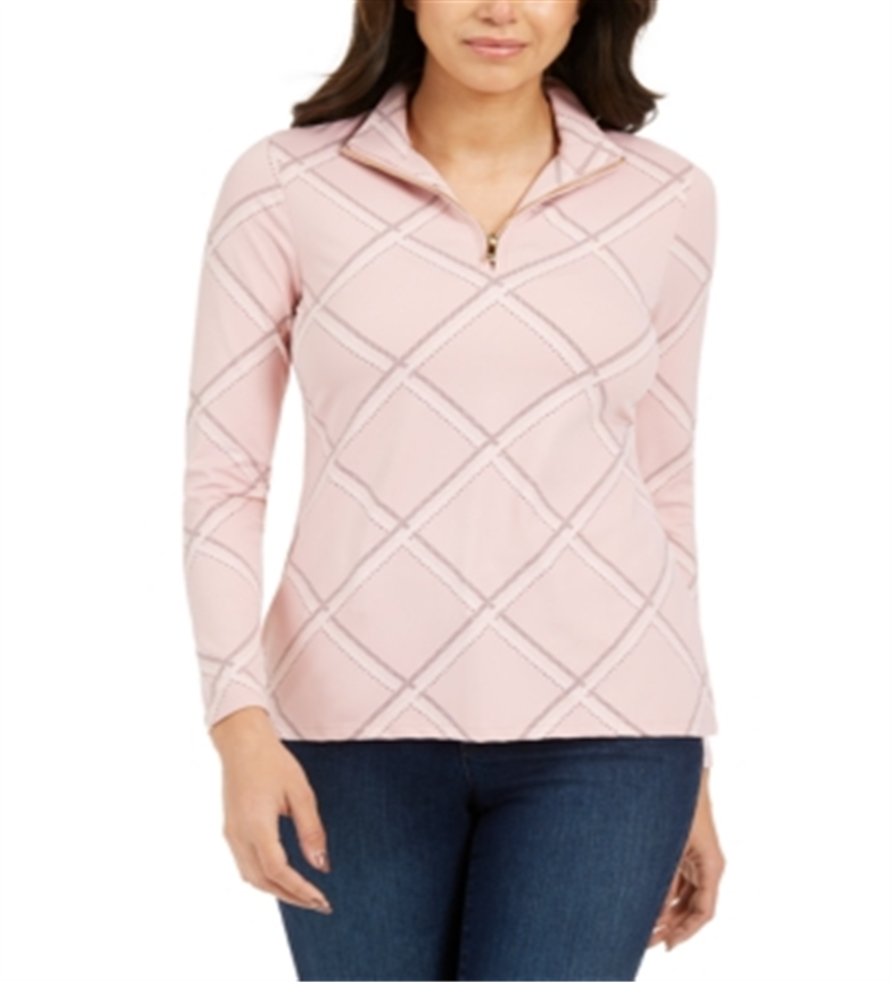 Camiseta feminina estampada Charter Club com zíper e meio, rosa, tamanho XS