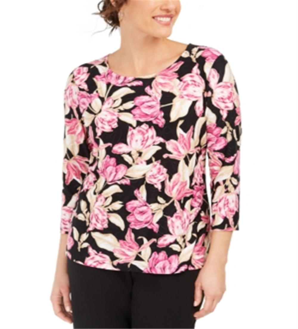 JM Collection Blusa texturizada estampada com guirlanda, roxa, tamanho pequeno