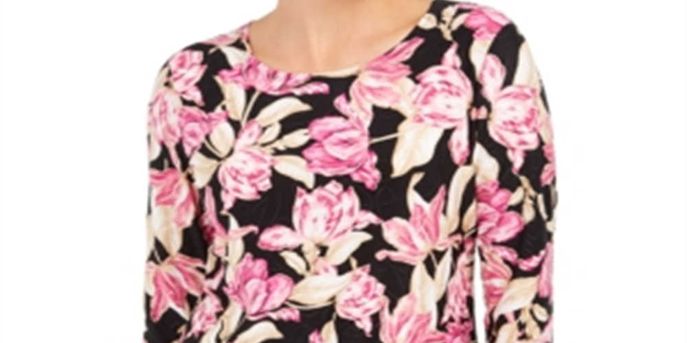 JM Collection Blusa texturizada estampada com guirlanda, roxa, tamanho pequeno
